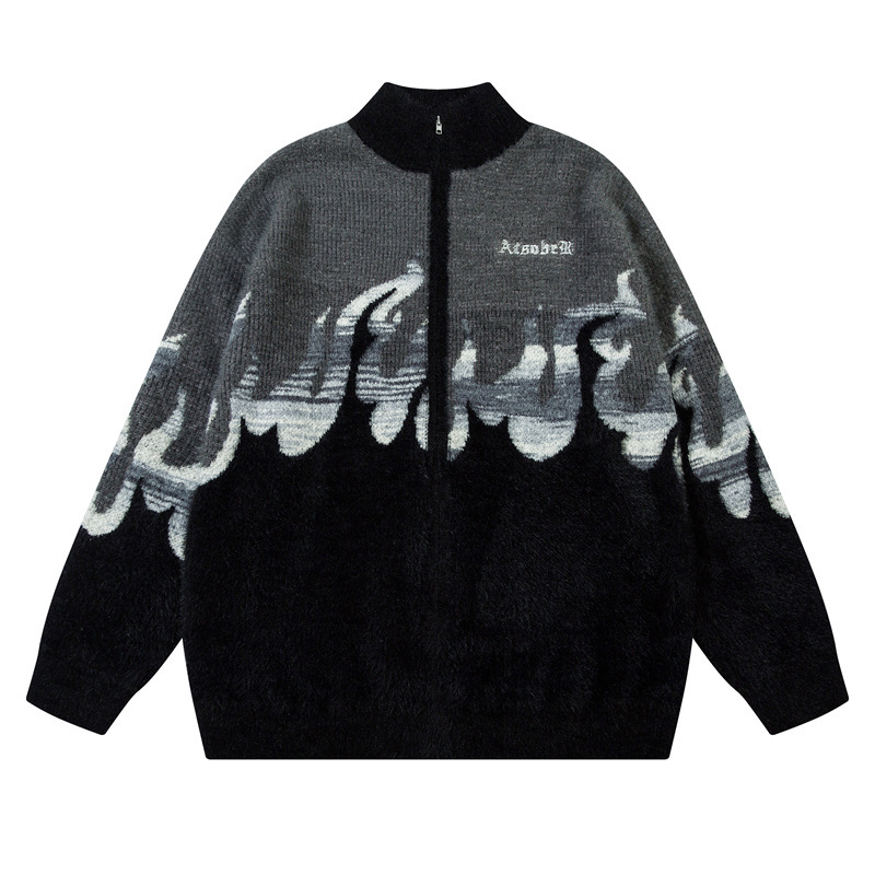 Tang Mu Chao 2024 Autumn New American Retro Hip Hop Flame Jacquard Design Casual Men's and Women's Knitted Jacket