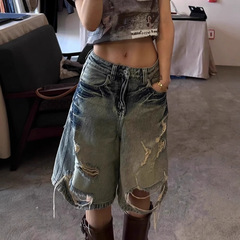 辣妹美式复古水洗牛仔短裤女2025新款夏季直筒宽松高腰破洞五分裤