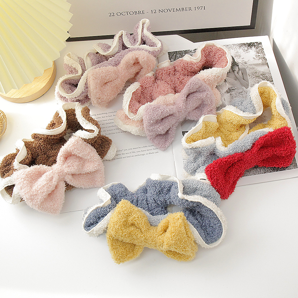 拼接糖果色泰迪绒洗漱松紧发带蝴蝶结束发带敷面膜发箍可爱头带