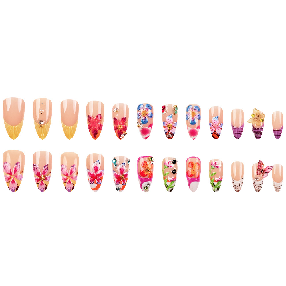 Transfronteriza venta en caliente perforación en relieve manicuras flores mariposa danza desgaste de uñas almendras 24 piezas parches de uñas franceses image 6