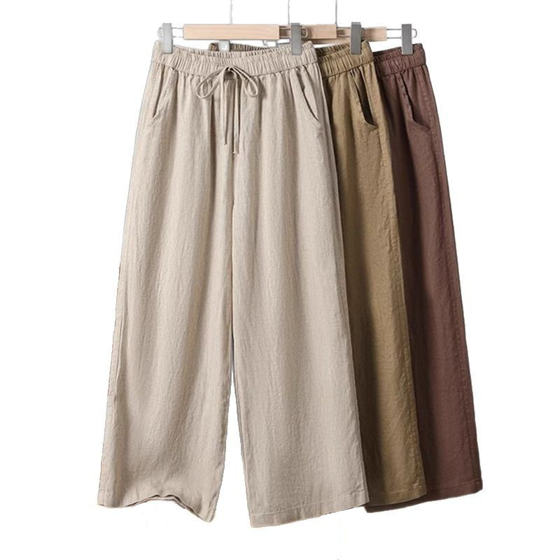 女性用コットンとリネンのワイドレッグパンツ、春、秋、夏、ハイウエスト、大きいサイズのリネン9点パンツ、巾着ストレートレッグの薄手カジュアルパンツ|undefined