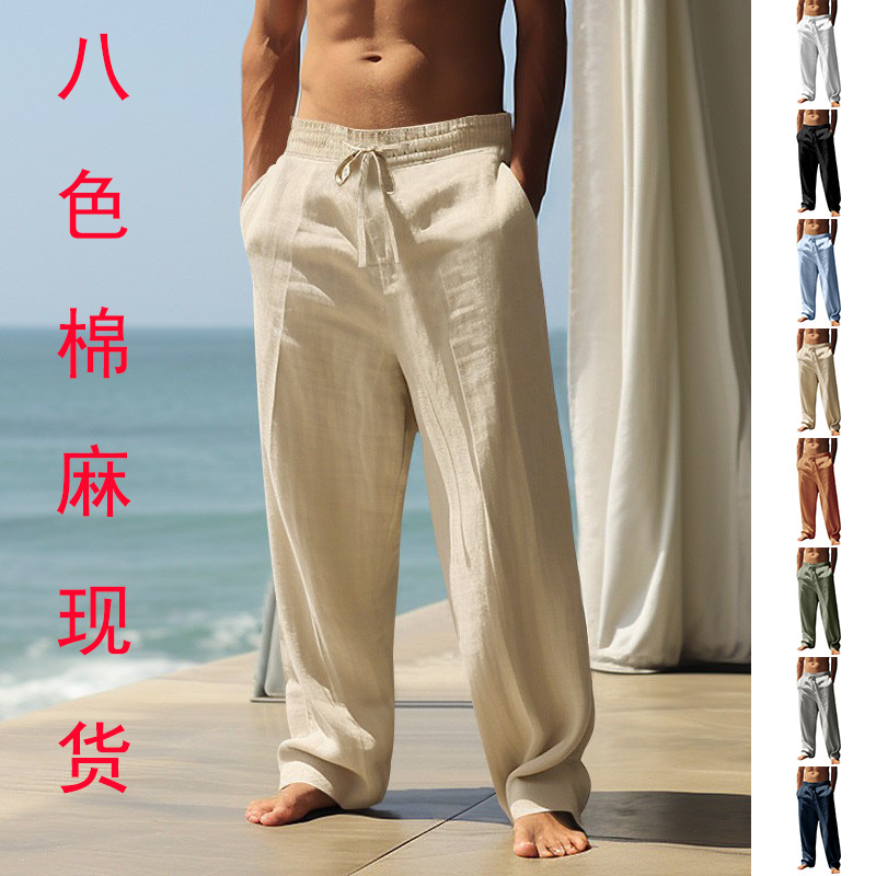 Cross-Border 2025Temu Summer Men's Breathable Cotton and Linen Pants Aliexpress Loose Casual Sports Men's Pants