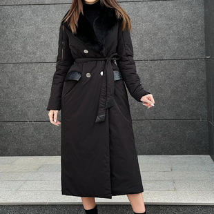2023 Winter new European and American Amazon cross-border fashion solid color furry lapel lace-up waist tight long cotton-padded coat for women