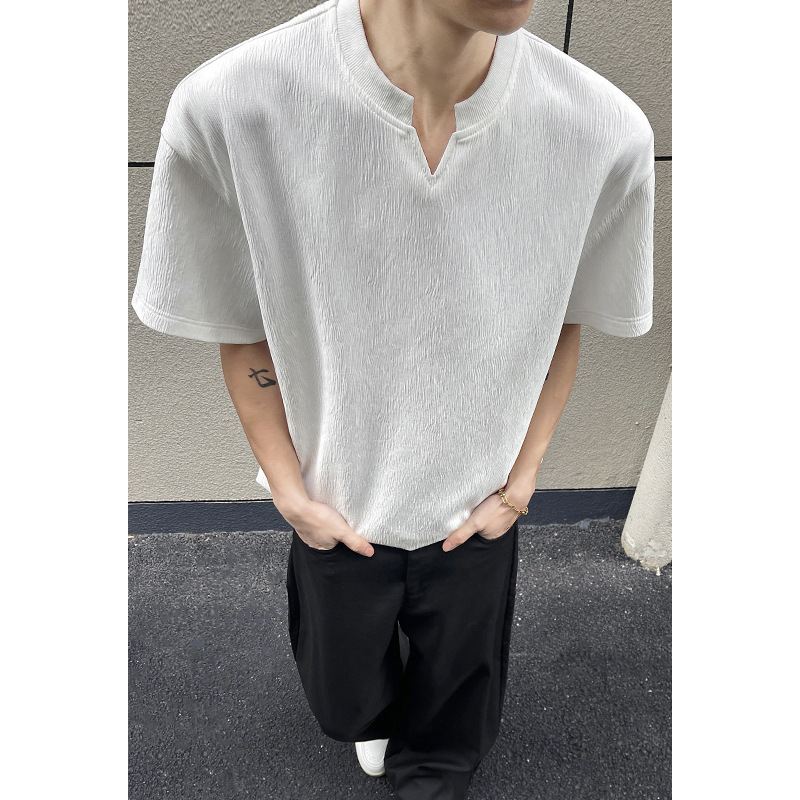 Textured Pleated V-Neck T-Shirt Short-Sleeved Men's Summer Thin Breathable Base Shirt with American-Style Half-Sleeved T-Shirt Inside for Men