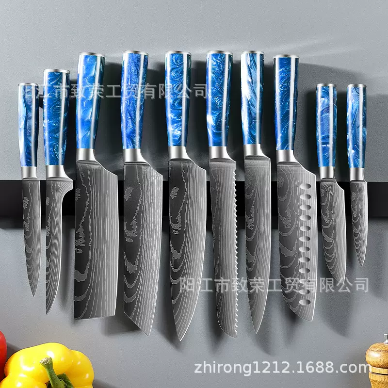 亚马逊热卖不锈钢蓝色树脂手柄大马士革激光纹厨师刀三德刀小菜刀