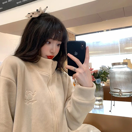 Warm Thick Wool Fleece Embroidered High Collar Zip-up Sweater for Women, Insulated Plush Outerwear