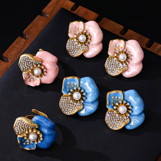 法式中古vintage珐琅彩色花朵耳坠轻奢高级饰品套装镶钻花瓣耳钉