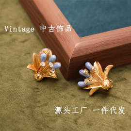 中古Vintage小众简约不规则百搭蓝色花蕊花朵女士耳夹镶钻