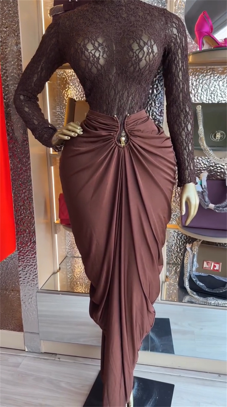 Women's Long-sleeve Lace Blouse And High-waist Pencil Skirt Set_voghion.com