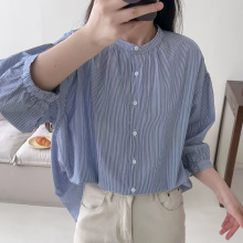 日式简约通勤风气质小立领清爽牙签条纹细条棉质衬衫女七分袖春夏