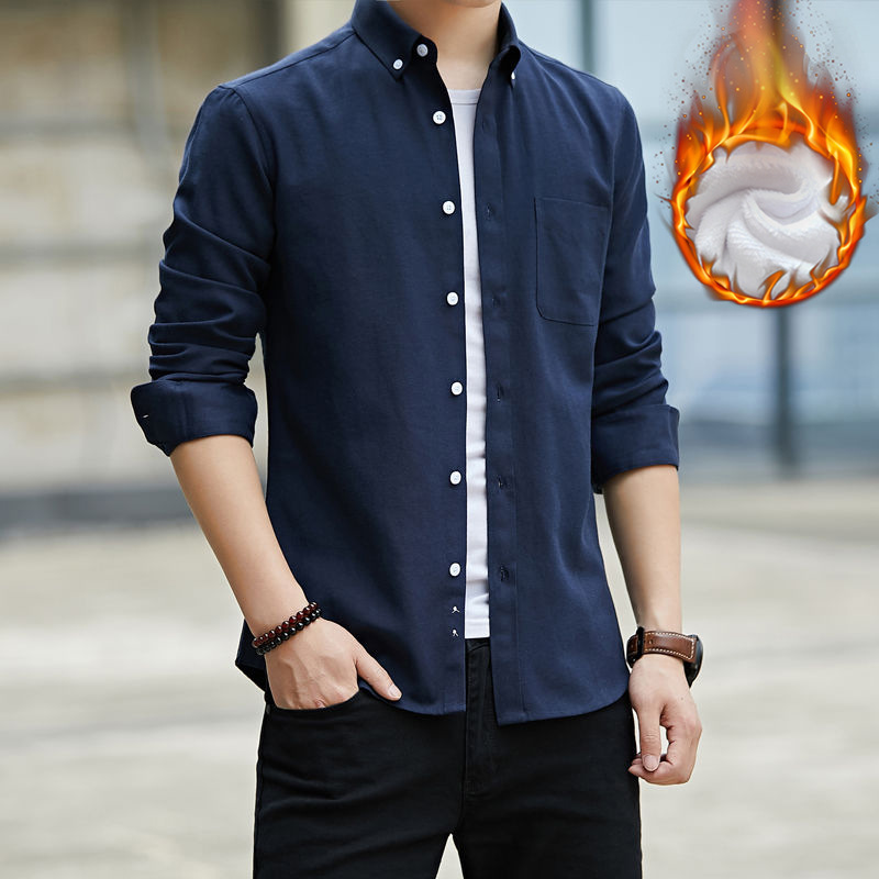 [Alta calidad] Otoño y invierno para hombres delgado Oxford textil y camisa caliente de camisa coreana de manga larga para hombres