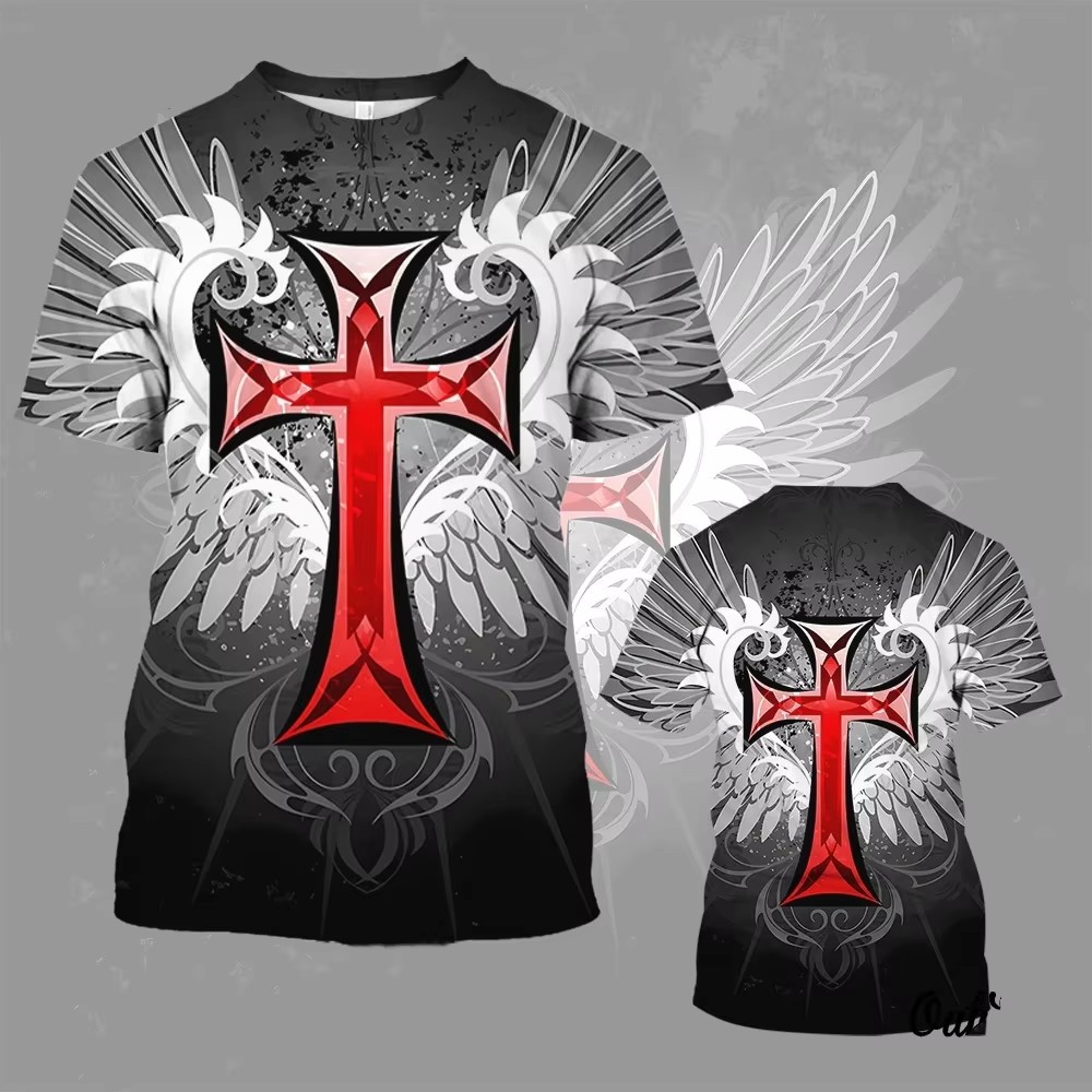 Salvator Cross Warrior 3D Print Spot Camiseta transpirable de hombro de manga corta con cuello redondo suelto casual para hombre