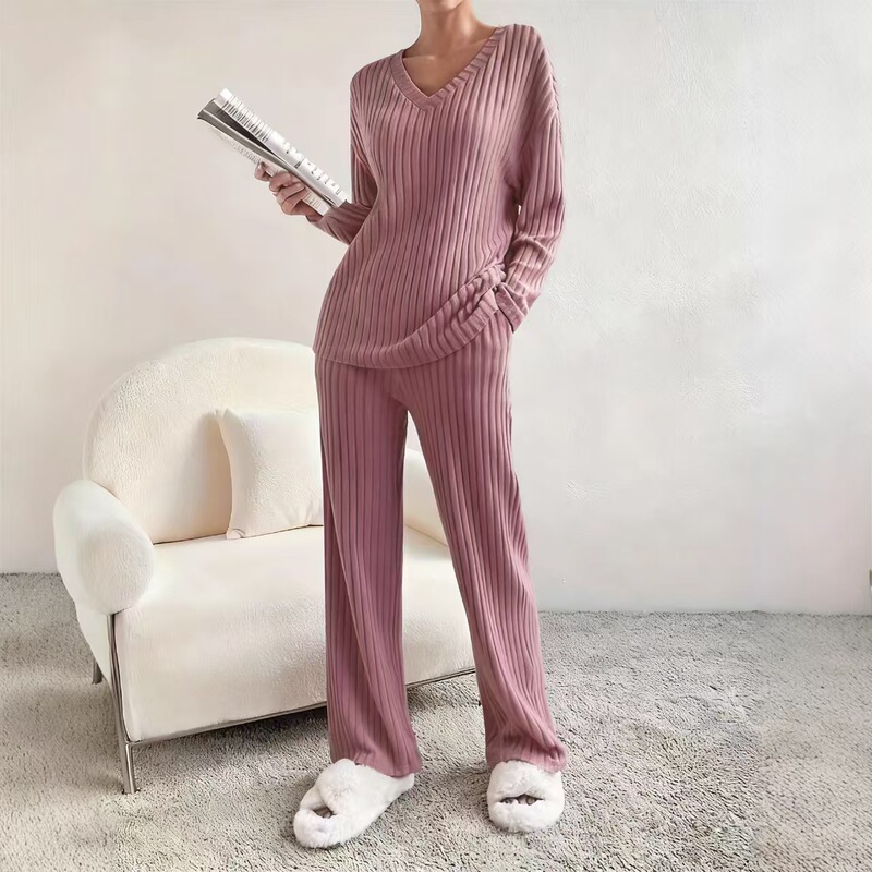 2025 Autumn/Winter New Cross-Border Home Fashion Casual Straight-Leg Pants Set, Elegant Loose V-Neck Ribbed Two-Piece Outfit 2025 Autumn/Winter New Cross-Border Home Fashion Casual Straight-Leg Pants Set, Elegant Loose V-Neck Ribbed Two-Piece Outfit