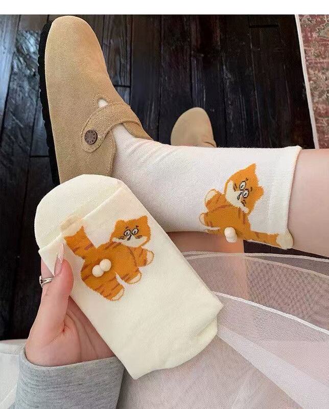 白色袜子男女款中筒袜夏秋薄款棉搞怪卡通灰色长袜可爱猫咪蛋蛋袜|undefined