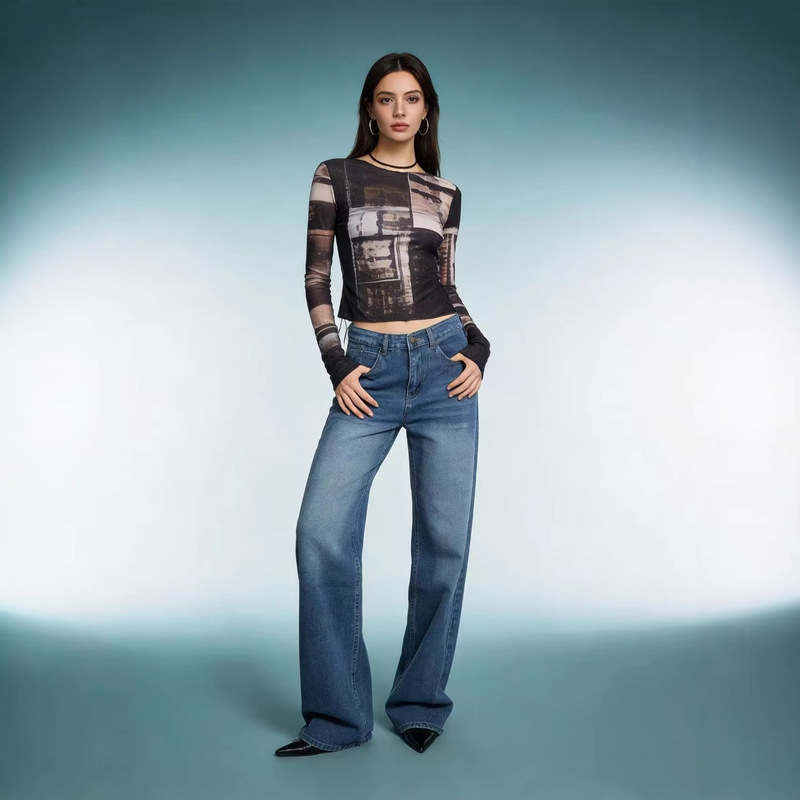 New Style Straight-Leg Pants, Retro Washed Floor-Length Pants, High-Waisted Women's Slimming Washed Jeans, Comfortable and Casual New Style Straight-Leg Pants, Retro Washed Floor-Length Pants, High-Waisted Women's Slimming Washed Jeans, Comfortable and Casual