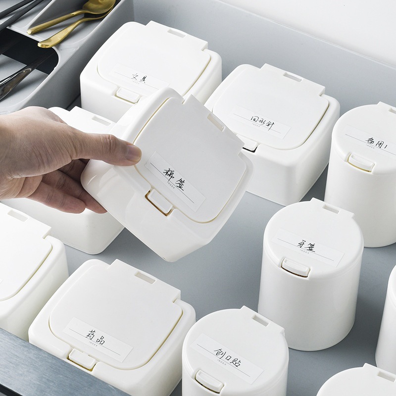 Mini caja de almacenamiento con tapa Cubo de almacenamiento de escritorio de oficina de plástico caja de hisopo de algodón a prueba de polvo cosas pequeñas caja de organización tipo de ventana elástica