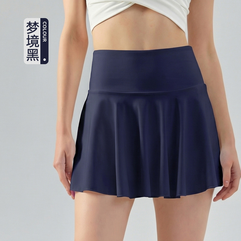 Falda corta de yoga de dos piezas de imitación de color sólido transfronterizo para mujer, cintura alta, control de abdomen, antiexposición, falda de tenis ondulada, pantalones cortos deportivos para fitness.