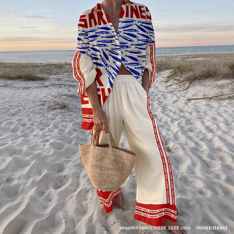 Cross-Border Amazon Vacation Casual Loose Lazy Resort Style Women's Printed Long-Sleeved Shirt and Pants Women's Suit Cross-Border Amazon Vacation Casual Loose Lazy Resort Style Women's Printed Long-Sleeved Shirt and Pants Women's Suit