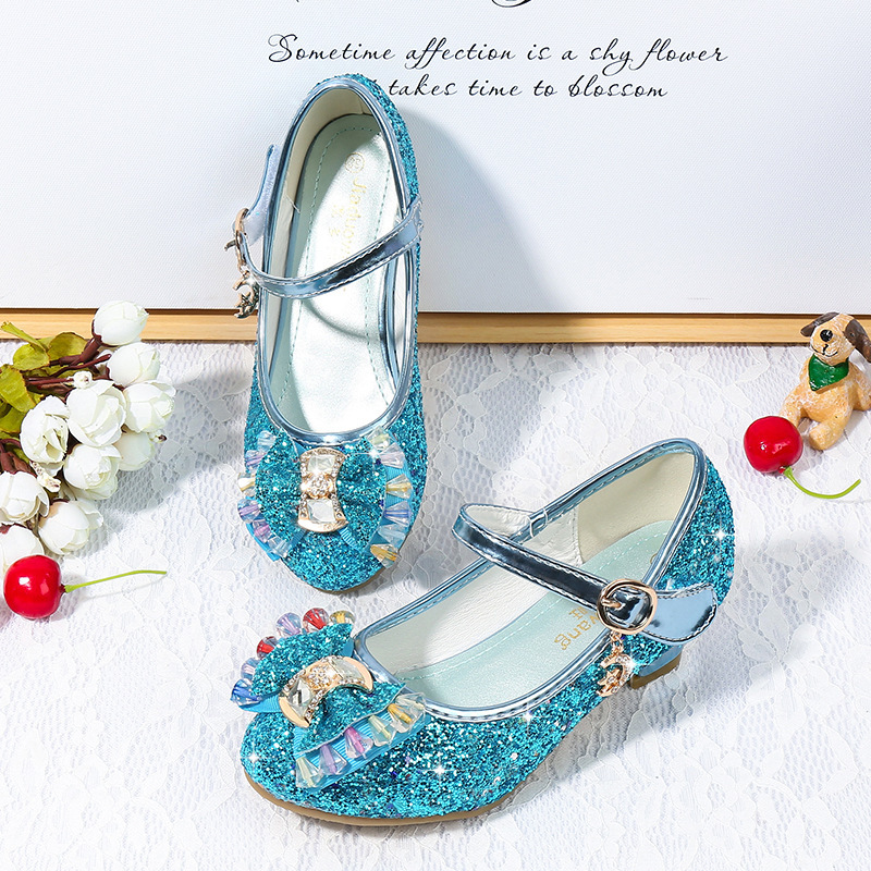 2025 New Children's High Heels Girls' Single Shoes Frozen Crystal Shoes Korean Style Princess Shoes for Big Children