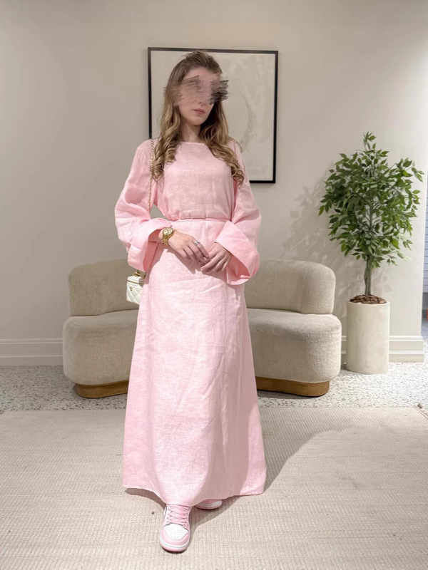 2025 越境貿易ヨーロッパとアメリカの服アマゾンスカートルーズ無地ラウンドネックカジュアル長袖コットンとリネンドレス|undefined