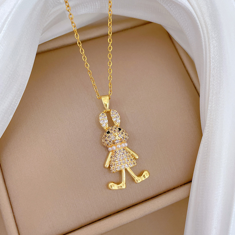 Luxurious Titanium Steel Pearl Rabbit Necklace With Full Diamond_voghion.com