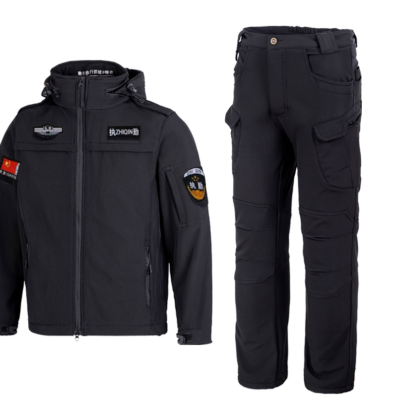 Outdoor Duty Jacket Suit Men's Autumn and Winter Velvet Soft Shell Clothing Special Duty Work Clothes Security Clothing Waterproof and Wear-Resistant