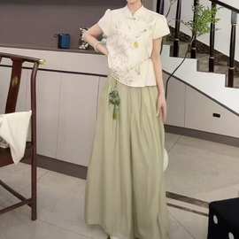 新中式国风套装女夏季2025新款盘扣马甲背心竹子刺绣阔腿裤两件套