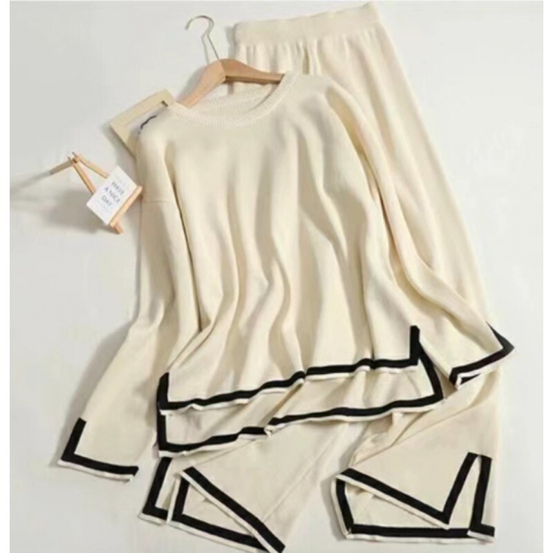 2026 Autumn New Style Elegant Color-Blocking Slit Long-Sleeve Knit Top High-Waisted Slimming Wide-Leg Pants Two-Piece Set 2026 Autumn New Style Elegant Color-Blocking Slit Long-Sleeve Knit Top High-Waisted Slimming Wide-Leg Pants Two-Piece Set