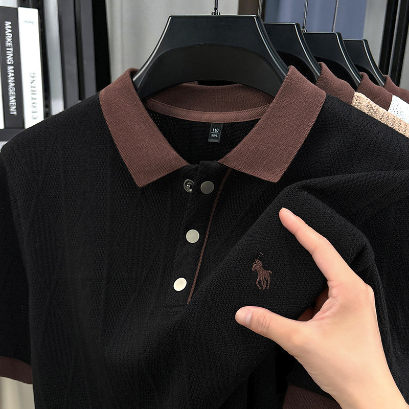 夏の新型ファッション襟付き男性ニット半袖poloシャツゆるいカジュアルジャカードtシャツ中年半袖上着|undefined