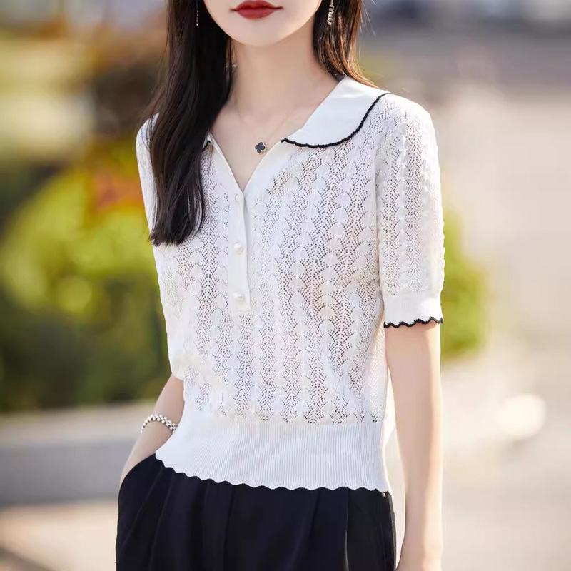 Cross-Border French Doll Collar Hollow Lace Short-Sleeved Thin Lapel Loose Fashion Ice Silk Sweater Half-Sleeved Women's Top