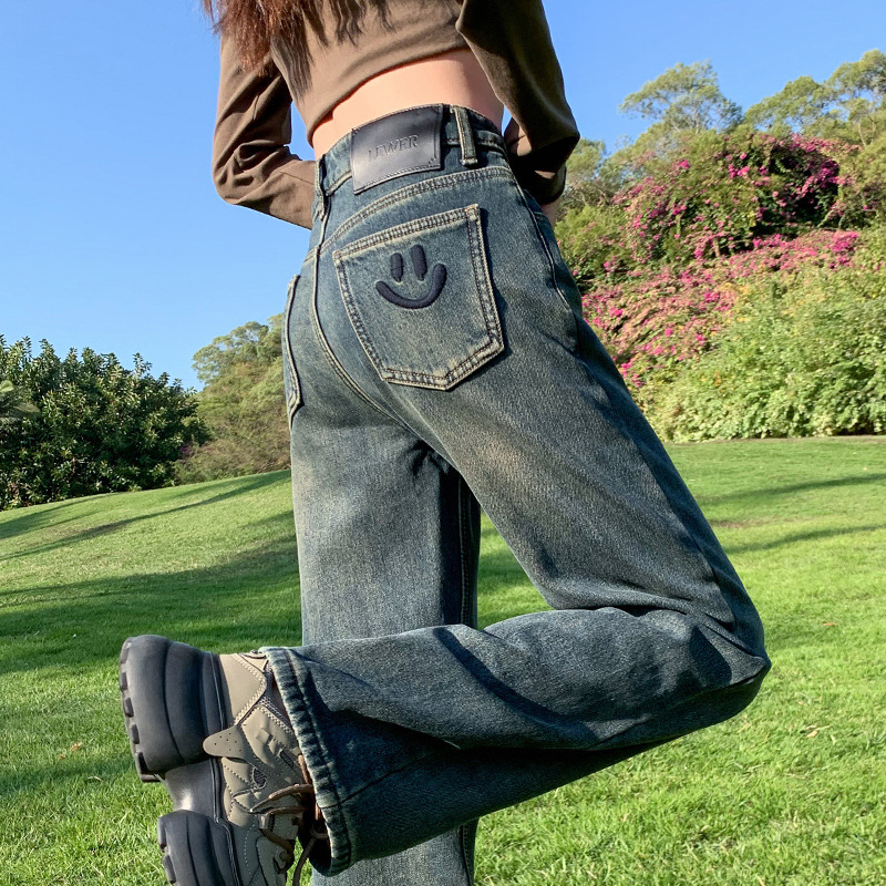 Vintage Narrow Wide Leg Jeans Women's 2024 Winter New High Waist Cement Grey Embroidered Straight Pants Vintage Narrow Wide Leg Jeans Women's 2024 Winter New High Waist Cement Grey Embroidered Straight Pants