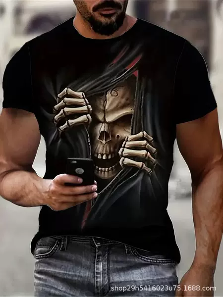 Amazon Cross-Border Mesh Fabric European and American Popular Summer Men's T-Shirt with 3D Digital Print Skull Pattern, Round Neck, Short Sleeves