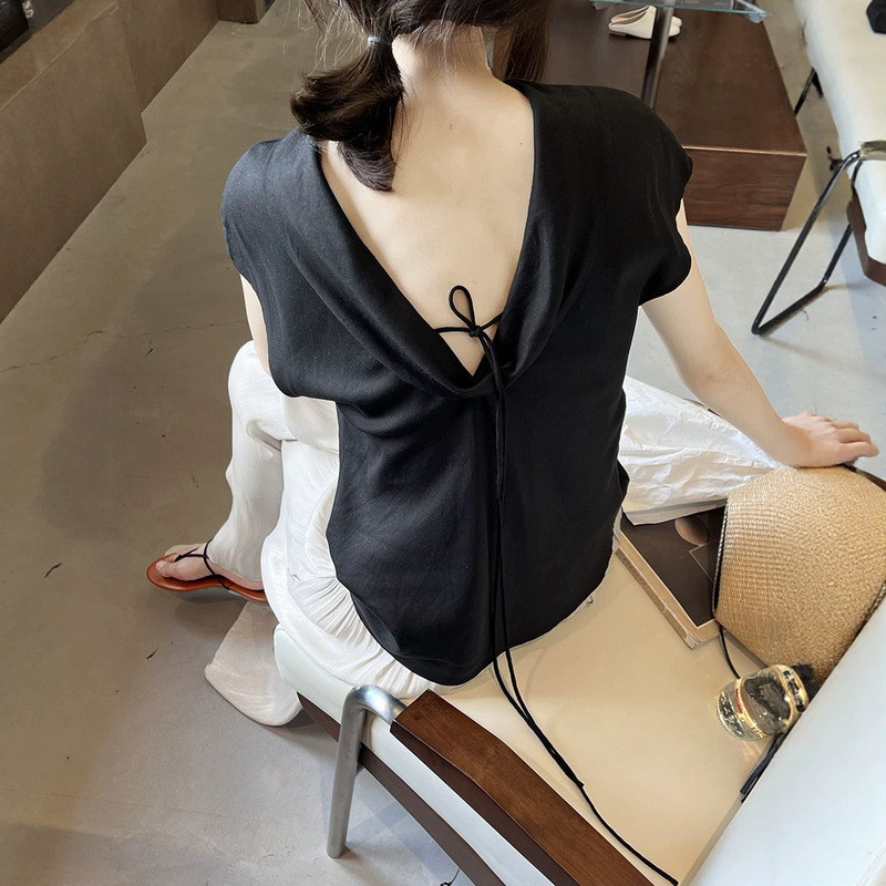 [First Release] Thirteen Lines Summer French Style Tencel Linen Tie-Back Collar Open-Back Waist-Cinching Shirt for Women Csa7131