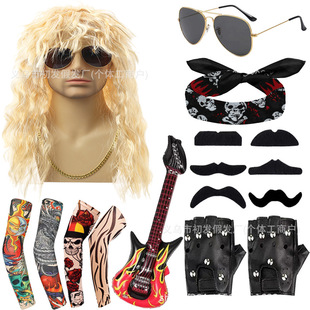 Wholesale Cross-Border European and American Party Cos Suit Washed Punk Hip-Hop Headband Guitar Sunglasses Belt Wig Set