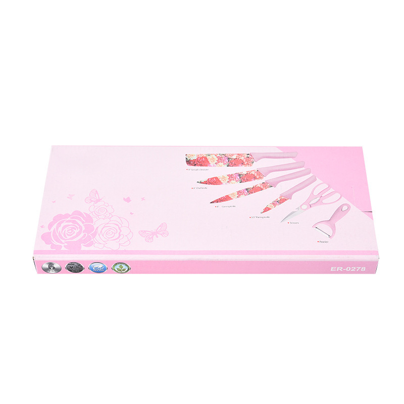 Cuchillo de paja de impresión de acero inoxidable conjunto de seis piezas de fábrica en stock cuchillo de cocina al por mayor tijeras color cuchillo en caja traje