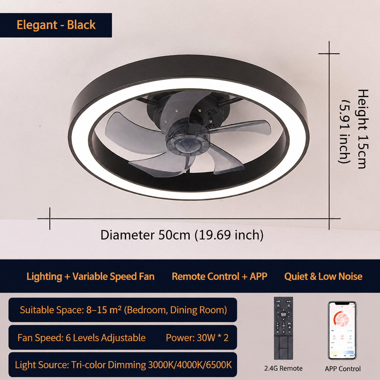 Lámpara de Techo con Ventilador de Hierro y ABS, Atenuación Continua y Control Remoto, para Dormitorio y Restaurante