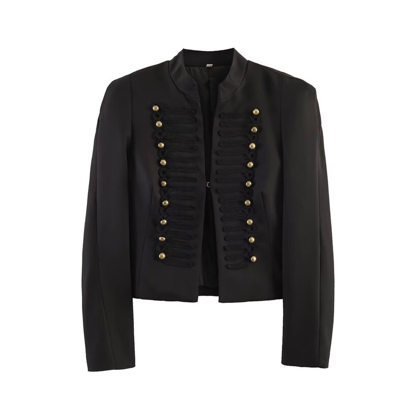 Cross-Border Wholesale 2026 Spring and Autumn New European and American Women's Fashion Metal Hook Buckle Embellished Shoulder Pad Slim-Fit Blazer Jacket Cross-Border Wholesale 2026 Spring and Autumn New European and American Women's Fashion Metal Hook Buckle Embellished Shoulder Pad Slim-Fit Blazer Jacket