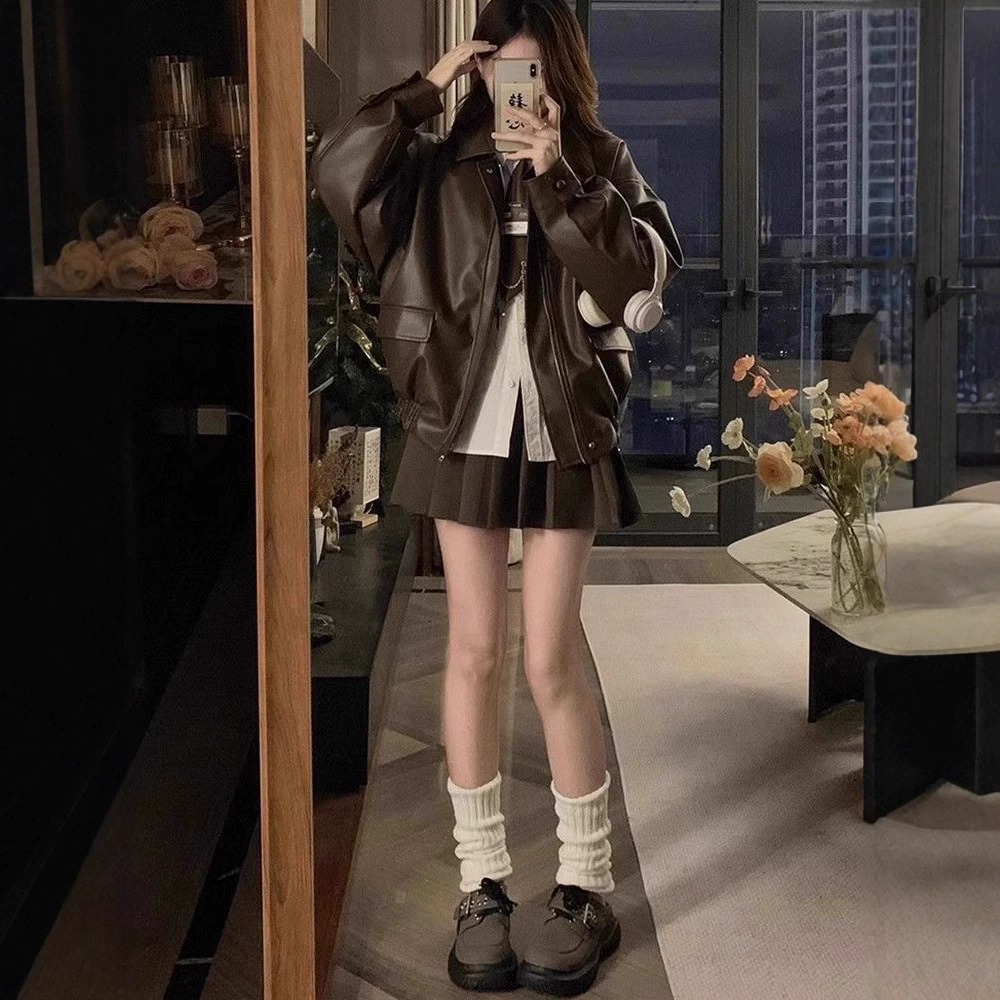 Brown autumn jacket, long-sleeve, Korean style, oversize