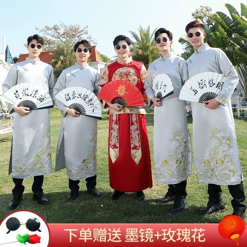 花婿の付添人中国風の結婚式のドレス兄弟秋と冬の結婚式のサウンドコメディ衣装中国のローブロングシャツコート唐スーツジャケット|undefined