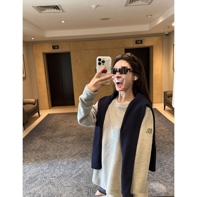 Cross-Border Wuuus [Tennis Club] Waffle Long-Sleeve Top for Women Early Autumn Gray Outerwear Base Shirt t