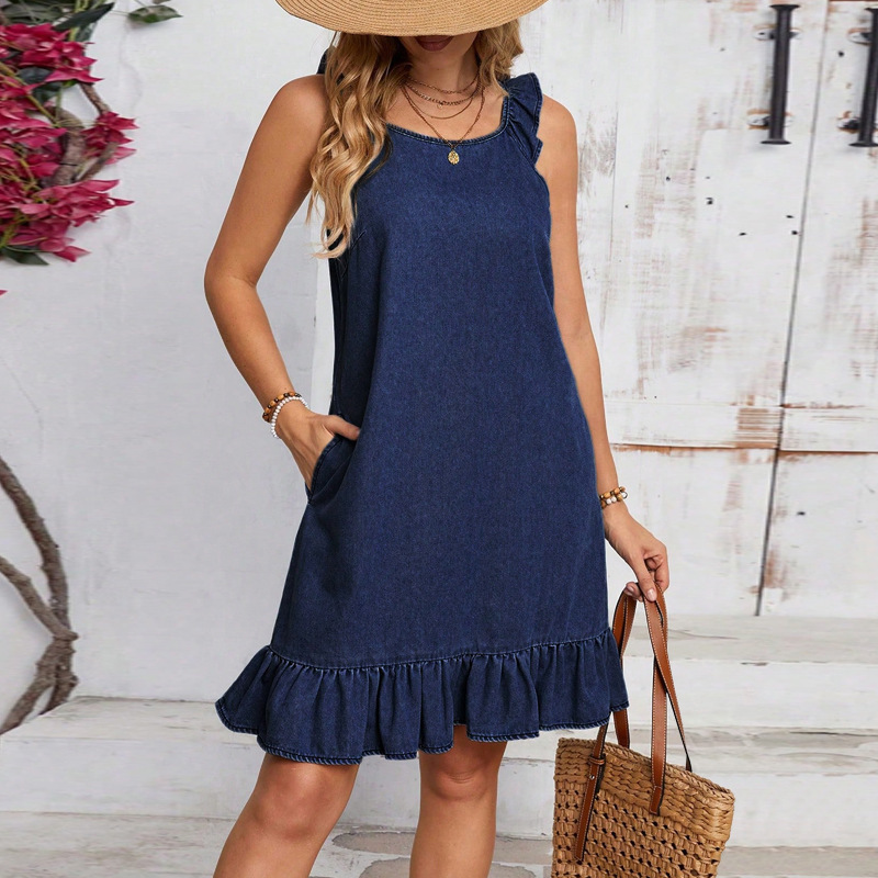 Women's Denim Dress round Neck Sleeveless Pleated Hem Skirt 218586 Cross Border Style Factory Direct Sales Summer Regular Size_ecoleips.com