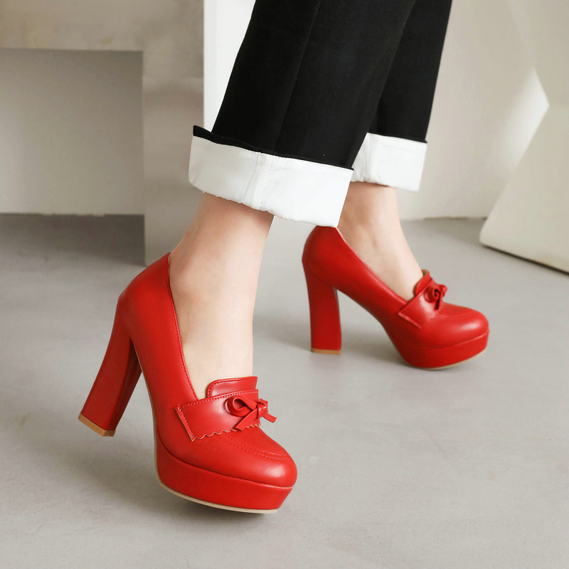 하이힐 여성용 봄과 가을 새 여성용 싱글 슈즈 라운드 토 두꺼운 굽 플랫폼 영국 스타일 작은 가죽 신발 로퍼