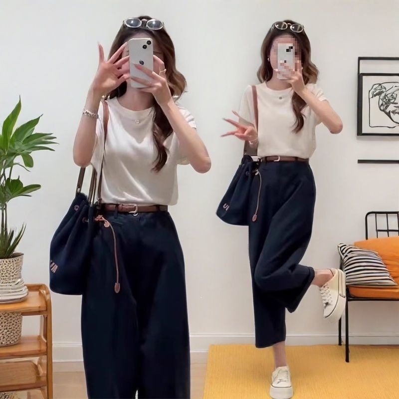 Bộ đồ thể thao nữ mùa hè áo thun phối quần jogger 2 món — Quần Xanh (Single Piece), Quần kaki (Single Piece), Áo Trắng (Single), Áo trắng+quần kaki chi tiết 9