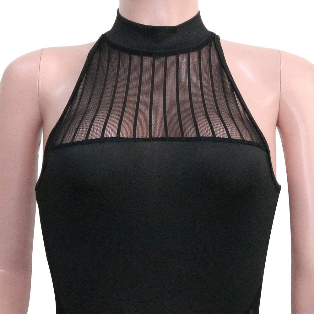 Sexy Bold Stripes Mesh See-through Sleeveless round Neck Jumpsuit for Women