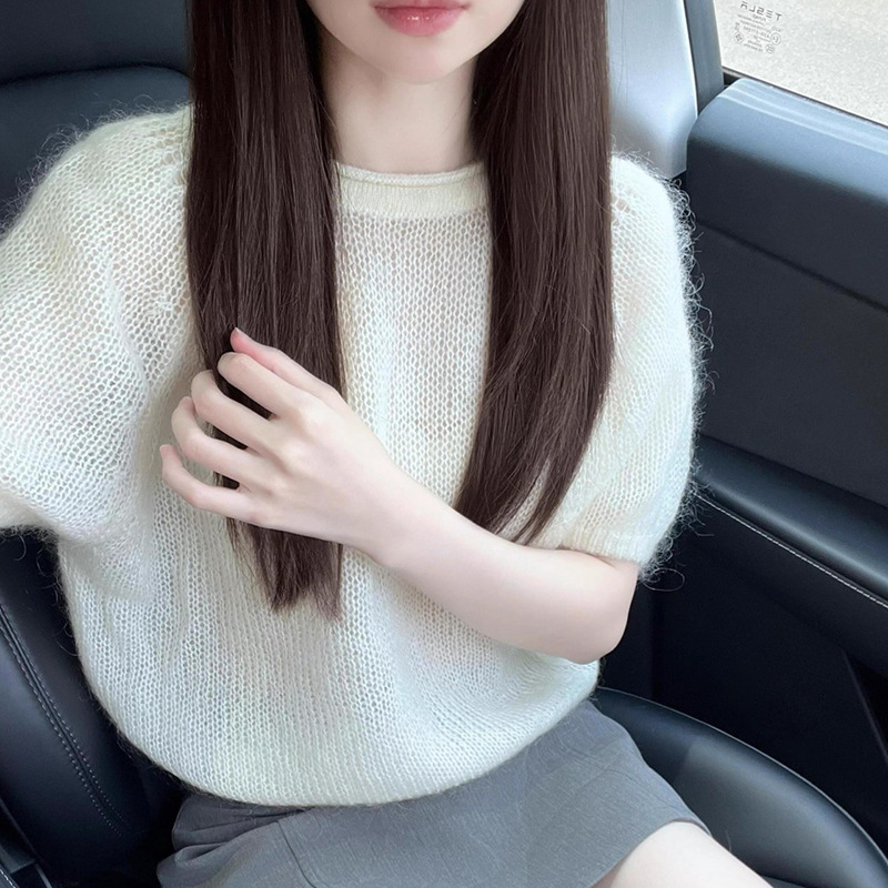 韩系早秋季氛围感穿搭粉色奶fufu软糯短袖针织衫毛衣女泡泡袖上衣|undefined