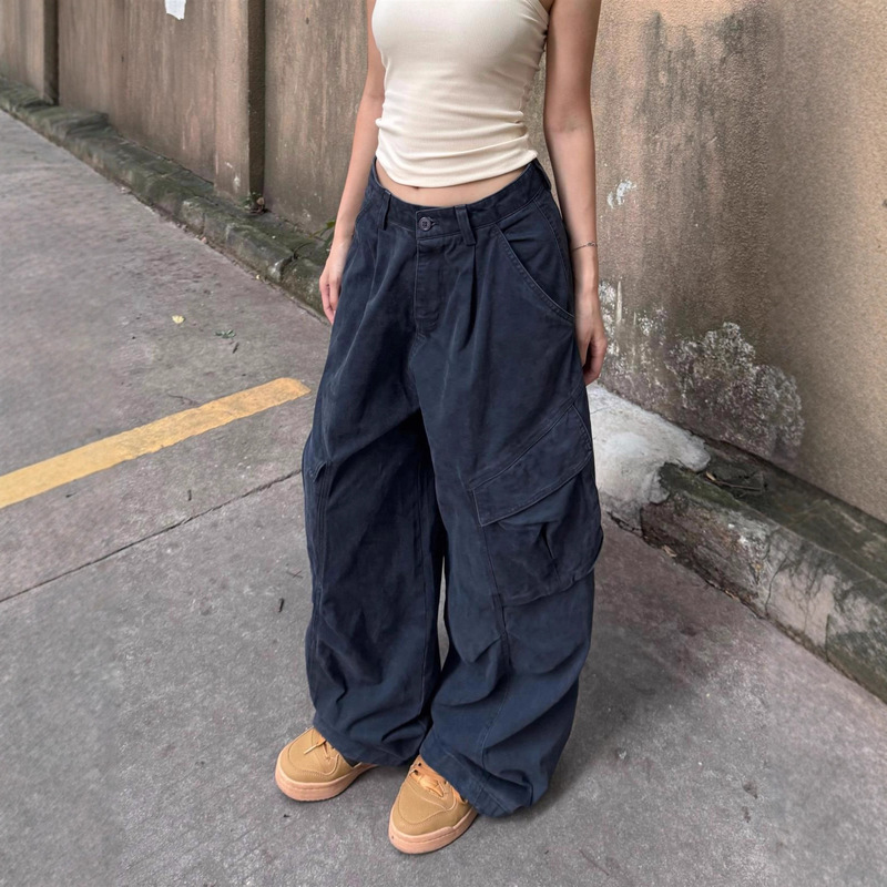 American Retro Deconstructed Design Pure Cotton Cargo Pants Unisex High Street Loose Casual Pleated Straight Wide-Leg Trousers