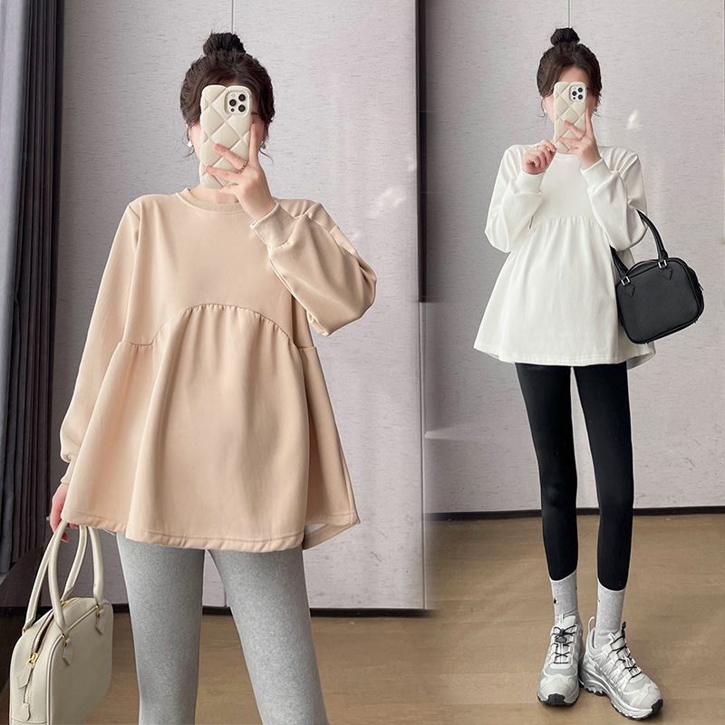 New Pregnant Women Autumn Winter Korean Style Color-Fade Youthful Bubble Shirt Oversized Belly Covering Long Sleeve Sweatshirt Two-Piece Set Trendy