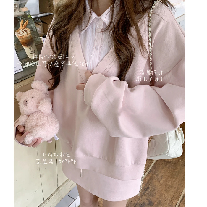 Fake Two-Piece Long-Sleeved Thin Jacket, Sweet Polo Shirt, Sweatshirt, Women's Ins Autum Loose Top