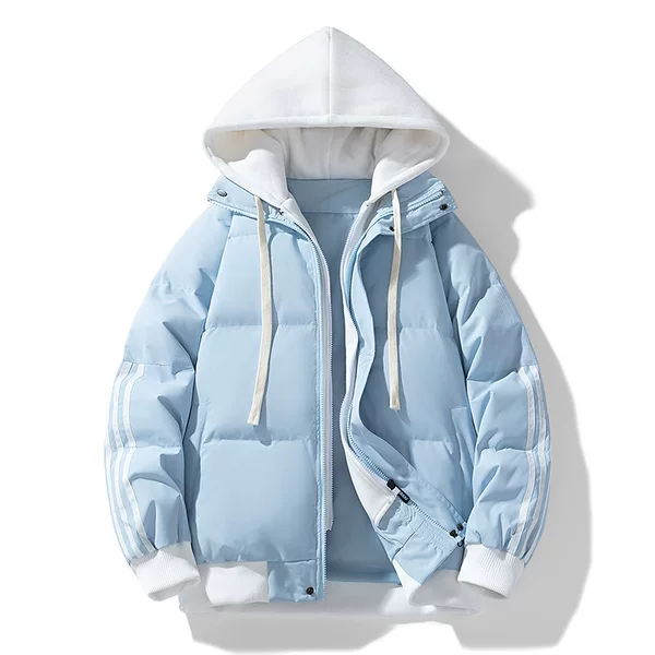 Unisex Cotton Jacket with Faux Two-Piece Design, Japanese Style Three-Stripe Trendy Brand Hooded Coat, Loose Plus-Size Thickened Cotton-Padded Jacket