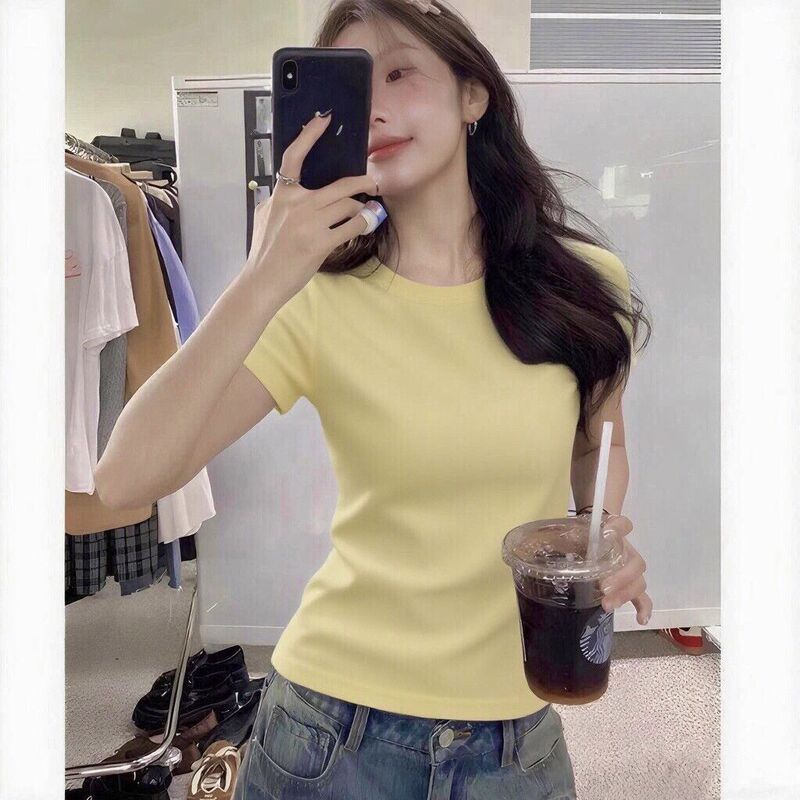 American-Style Summer T-Shirt for Women, Short-Sleeved, Slim-Fit, Round Neck, Short-Length, Pure Cotton, Sweet and Spicy Tight-Fitting Top